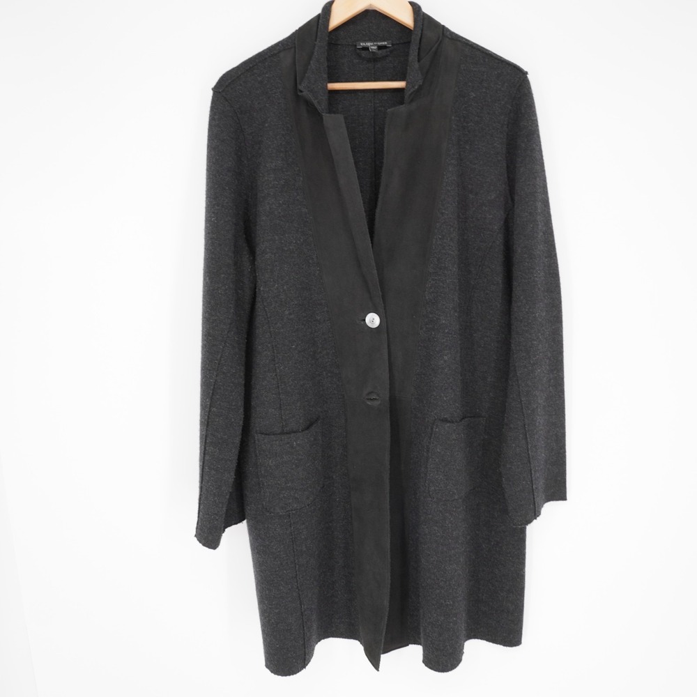 Eileen Fisher Merino Wool Lamb Leather Trim Jacket Womens XL Black Minimalist